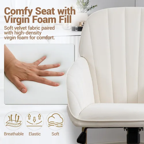 Vista 4 de Silla de tocador de terciopelo con ruedas y base dorada, 330 libras Beige