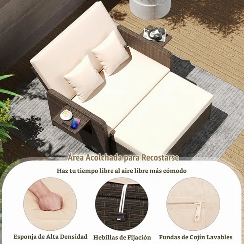 Vista 3 de LDAILY Moccha - Sofá cama para exteriores, sofá biplaza de mimbre con respaldo ajustable de 4 posiciones, otomana de almacenamiento, cojines Beige