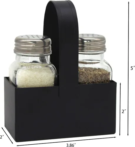 Vista 6 de CVHOMEDECO. Juego de saleros y pimenteros con organizador galvanizado negro, dispensadores de sal y pimienta de vidrio de granja, soporte de metal