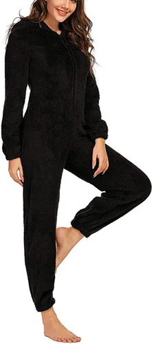 Vista 3 de chouyatou Pijama de Romper de Sherpa de Felpa Ultra Cómodo para Mujer con Capucha Linda de Orejas de Felpa Negro