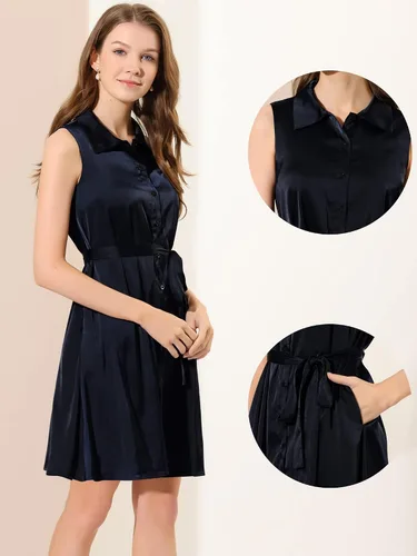Vista 2 de Allegra K Vestidos de satén para mujer, cuello de punto, con cinturón, con botones, sin mangas, vestido camisero