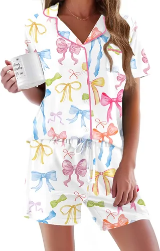 Vista 20 de Ekouaer - Conjunto de pijamas de manga corta para mujer, con botones, suave, 2 piezas, conjuntos de descanso, tallas XS-XXXL Verde Aqua