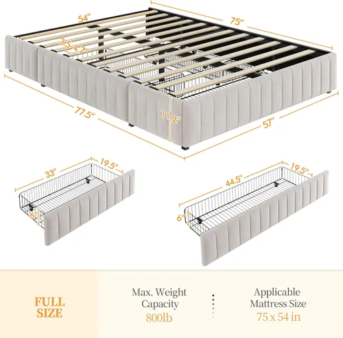 Vista 2 de Yaheetech Bastidor de cama completo con plataforma tapizada con 3 cajones de almacenamiento, gran espacio de almacenamiento/Listones de madera