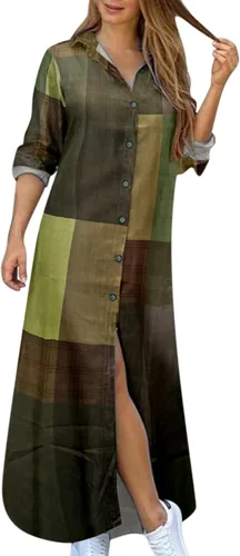 Vista 4 de Vestido largo casual de mezclilla con botones para mujer, con solapa, manga larga, con bolsillos, para otoño