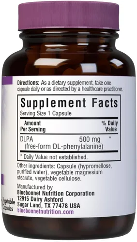 Vista 2 de Bluebonnet Nutrition DLPA (DL-fenilalanina) 500 mg, aminoácido de forma libre, para apoyo del sistema nervioso, sin soja y gluten, sin OMG, kosher
