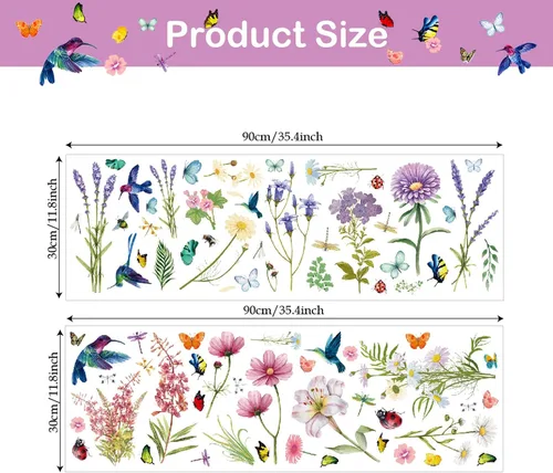 Vista 3 de Supzone Calcomanías de pared de flores, mariposas, crisantemos, libélulas, calcomanías de pared para despegar y pegar, calcomanías de flores