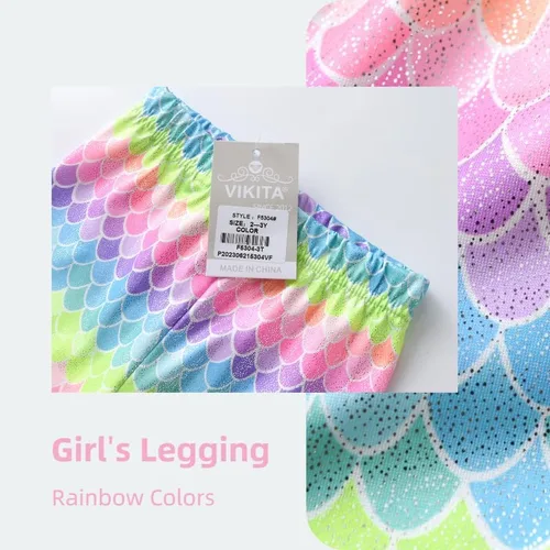 Vista 3 de VIKITA Leggings elásticos para niñas con escamas brillantes, pantalones ajustados de colores elegantes para fiesta de cumpleaños de 2 a 12 años