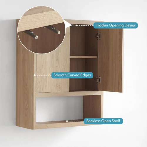 Vista 4 de VANIRROR Gabinete de pared de baño con puertas de pestillo, almacenamiento Roble natural-31