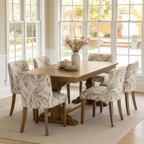 Vista 13 de Mid-Century - Juego de 6 sillas de comedor de tela de lino blanco sólido con patas de madera de nogal, respaldo acolchado, sillas laterales rústicas