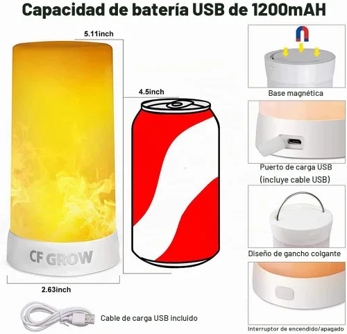Vista 5 de Luz LED con efecto de llama, recargable por USB, impermeable, regulable, 4 modos, linterna con efecto de detección de gravedad y base magnética