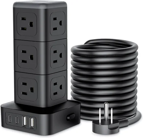 Vista 13 de NTONPOWER Torre de regleta de alimentación con protector de sobretensiones, torre de protección de sobretensiones 1080J, 12 salidas de CA, 4 puertos