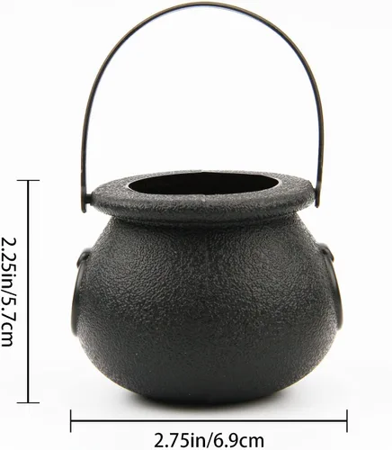 Vista 2 de LOMIMOS 12 mini caldero negro para el día de Halloween, soporte de plástico multiusos para dulces con asa para decoración de fiestas