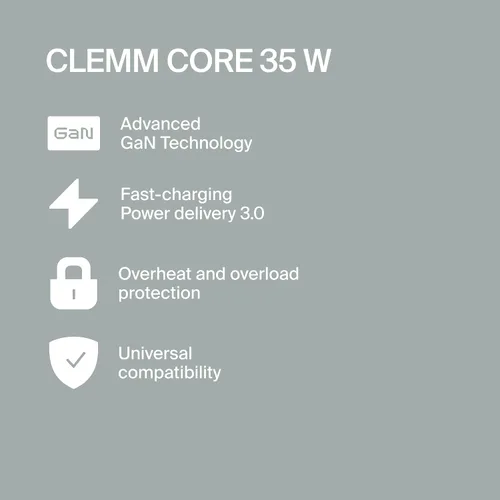 Vista 7 de CLEMM Core 35W Adaptador de corriente de carga rápida para iPhone 17/16/15/14/13/12/11/X, Galaxy S24 Ultra/S23 y más - GaN, PD 3.0, PPS, USB-C × 1