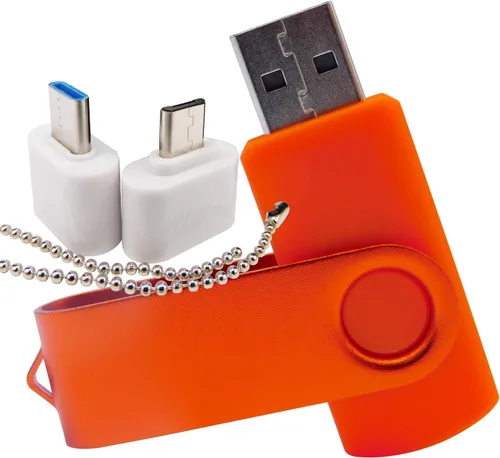Vista 5 de Mini unidad flash USB de capacidad con 1 OTG (Micro USB) y 1 adaptador tipo C (USB-C) para teléfono móvil (naranja, 128 MB)