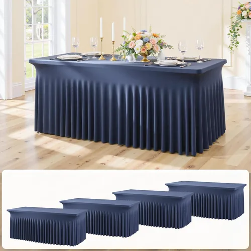 Vista 48 de Paquete de 2 manteles de elastano azul bebé de 6 pies con falda de mesa con volantes, manteles ajustables elásticos sin arrugas para mesas