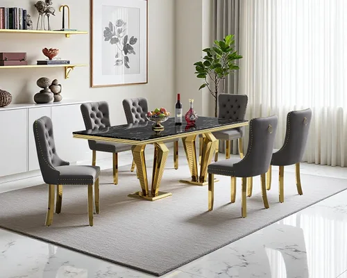 Vista 87 de Juego de mesa de comedor de mármol sintético, 7 piezas, juego de mesa de cocina y comedor para 6, mesa de comedor rectangular blanca de 70 pulgadas