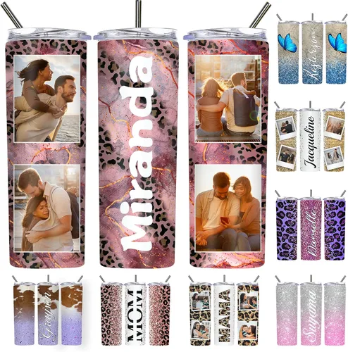 Vista 27 de Vaso delgado personalizado con purpurina con tapas y popotes, nombres, vasos de acero inoxidable personalizados con imagen para mujeres, hombres