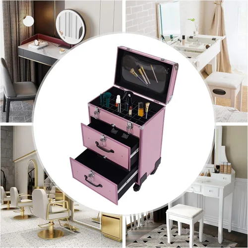 Vista 2 de Estuche profesional de maquillaje con ruedas, con cajones, carrito grande para cosméticos con cerraduras, organizador de almacenamiento