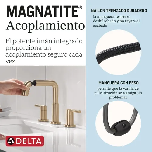 Vista 3 de Delta Nicoli - Grifo de baño de oro cepillado con rociador, grifo de fregadero de baño de 8 pulgadas con 3 agujeros y rociador extraíble, desagüe