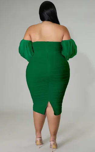 Vista 3 de Vestido de cóctel para mujer, talla grande, con hombros descubiertos, manga larga, entallado, fruncido, para fiesta, cóctel