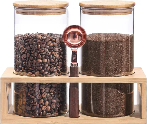 Vista 11 de ZOMUIA Rustic Modern Black - 2 tarros pequeños de almacenamiento de café de 44 onzas con estante, 2 recipientes de café de vidrio herméticos