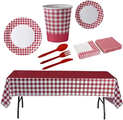 Vista 7 de Hammont Platos de postre desechables de 7 pulgadas, paquete de 50 platos de postre desechables de cuadros rojos y blancos para barbacoas, comidas al
