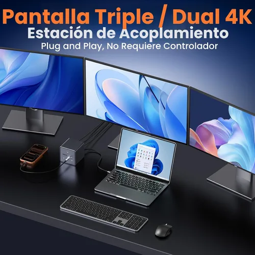 Vista 11 de TobenONE Estación de acoplamiento para laptop 16 en 1 con monitor triple 4K