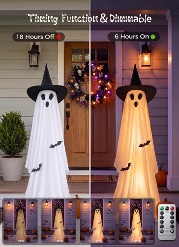 Vista 5 de Minetom 2 Pack Outdoor Halloween Ghost Decorations, Light Up Ghosts 2 witch hats