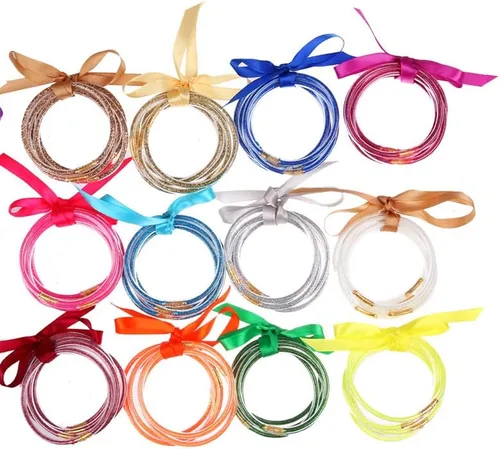 Vista 2 de COLORFUL BLING Juego de pulseras de gelatina con purpurina para mujeres y niñas, pulseras de silicona rellenas de purpurina para fiesta y bar disfraz