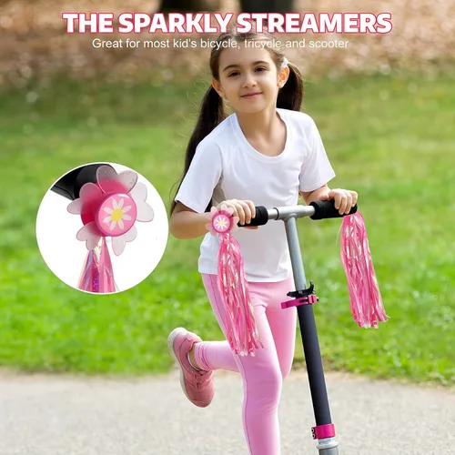 Vista 6 de Girasol Bike Scooter Manillar Streamers- Cintas rosas con borla brillante para niños Niños Bicicletas Trike Grips Accesorios Portabebés
