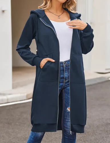 Vista 3 de Elesol Sudadera larga con capucha, para mujer, sudadera tipo túnica de vellón, chaqueta con cremallera, informal, S-XXXL
