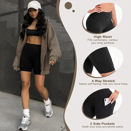 Vista 2 de iceROSE Paquete de 4 pantalones cortos de ciclismo para mujer con bolsillos, cintura alta de 8 pulgadas, pantalones cortos de entrenamiento negros