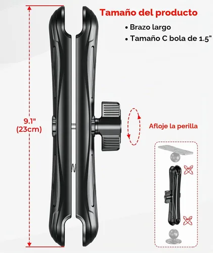 Vista 4 de VAZESWIN Brazo de doble enchufe de bola de 1.5 pulgadas, brazo largo de aleación de aluminio de 9.1 pulgadas, compatible con soportes RAM C tamaño C