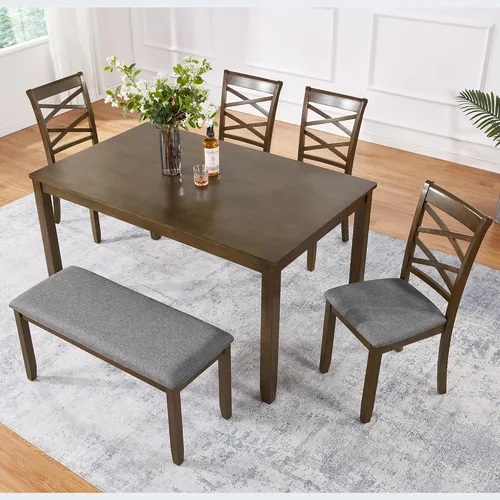 Vista 24 de LUMISOL - Juego de mesa de comedor de madera maciza con 4 sillas tapizadas y banco para cocina, comedor, sala de estar, gris plateado