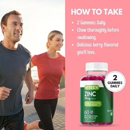 Vista 5 de Viteey - Gomitas de zinc para mujeres y hombres - 30 mg Suplemento de apoyo inmunológico, vegano, sin gelatina, sin OMG, 60