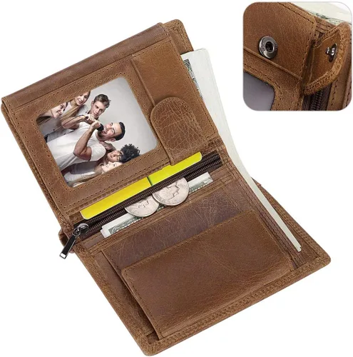 Vista 4 de Billetera de cuero vacuno con bloqueo RFID triple para hombres, 10 ranuras para tarjetas, 2 ventanas para identificación con bolsillo para monedas