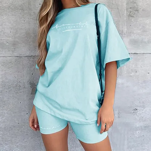 Vista 2 de Qiopertar Conjunto de dos piezas con estampado de verano para mujer, cuello redondo, manga corta, pantalones cortos, ropa casual de moda
