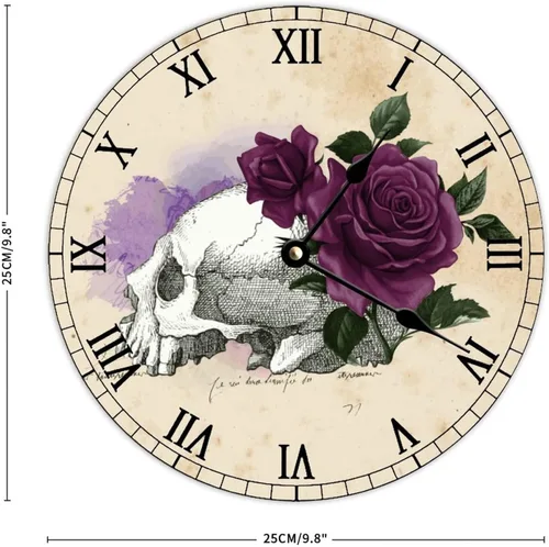 Vista 2 de Reloj de pared retro francés vintage con diseño de bruja y cráneo de bruja, reloj de pared de madera, funciona con pilas, decoración de pared