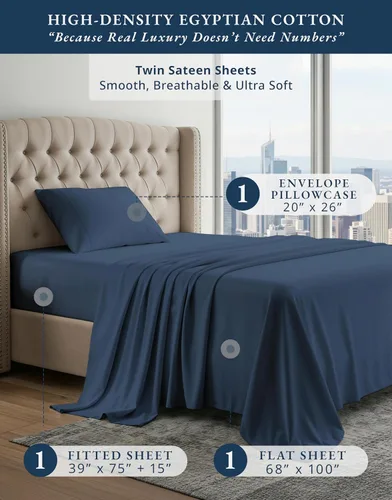 Vista 370 de LANE LINEN - Sábanas individual 100% algodón egipcio suave, cómodo y grueso de calidad de hotel, costuras reforzadas totalmente elásticas, sin