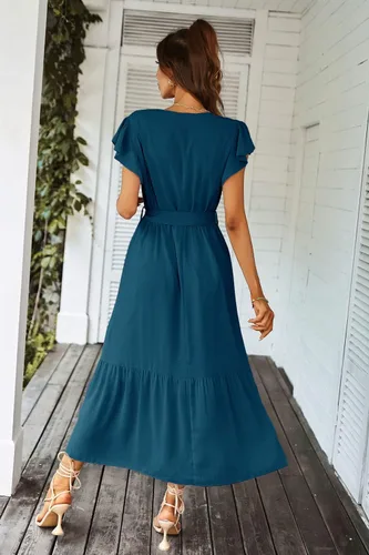 Vista 3 de PRETTYGARDEN - Vestido floral para mujer estilo bohemio, cruzado, con cuello en V, manga corta, con cinturón, dobladillo con volantes, acampanado