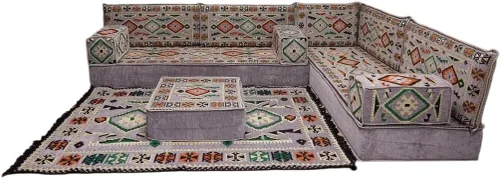 Vista 55 de arabicsofa Juego de asientos Jalsa en forma de L – Majlis árabe hecho a mano con almohadas de respaldo