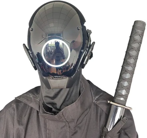 Vista 5 de Máscara punk cosplay para hombres, máscara de luz redonda LED para mujeres, cosplay, Halloween, fiesta, festival de música, accesorios