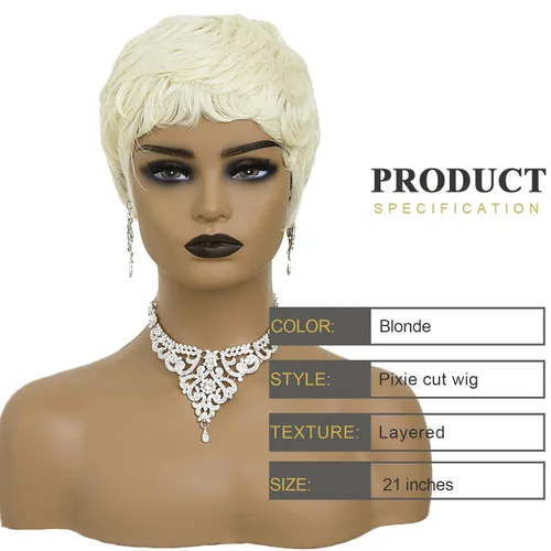 Vista 3 de Pelucas cortas rubias de corte Pixie para mujeres negras, pelucas cortas con flequillo para mujeres negras, pelucas en capas (rubio)