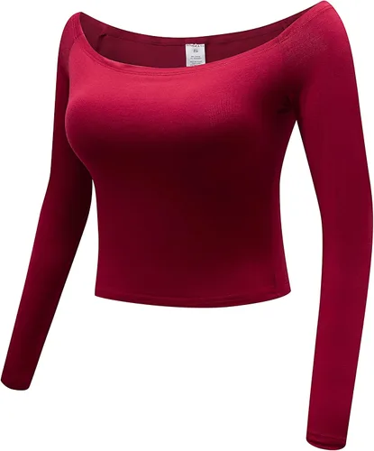 Vista 2 de OThread & Co. Blusa corta de manga larga con hombros descubiertos para mujer, cómoda, básica, con capa elástica