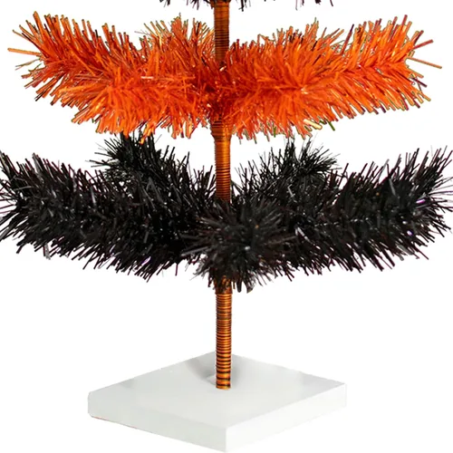 Vista 4 de Árbol de Navidad multicolor naranja y negro con temática de Halloween, cepillo en capas de oropel artificial con soporte incluido (18 pulgadas)