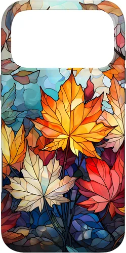 Vista 21 de iPhone 15 Otoño hojas de arce vitrales estilo abstracto caso