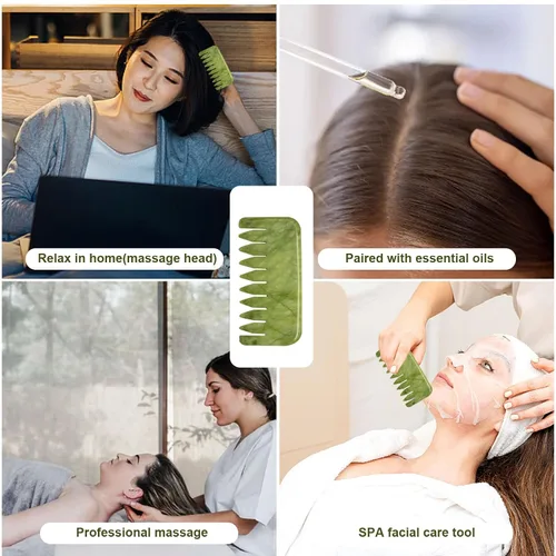Vista 2 de gemshan Jade Gua Sha Peine, 2 piezas de peine de masaje de jade verde para el cuidado de la cabeza, cabeza relajada, cuero cabelludo profundo