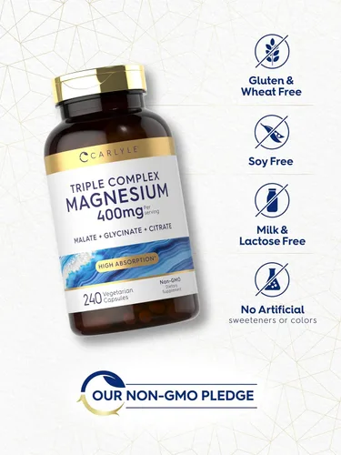 Vista 5 de Carlyle Complejo triple de magnesio 400 mg 240 cápsulas Malato de magnesio, glicinato y citrato Suplemento vegetariano, sin OMG y sin gluten