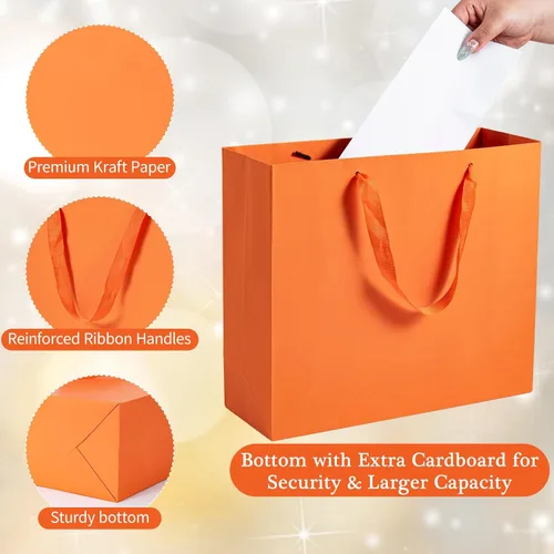 Vista 3 de Umoonfine Umoofine - Bolsa de regalo grande naranja con asas de cinta, paquete de 12, 12.6 x 4.5 x 11 pulgadas, extra grande, reutilizable