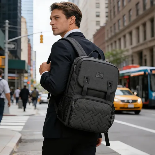 Vista 7 de Mochila de almuerzo para mujer, mochila térmica para computadora portátil con puerto de carga USB, bolsa impermeable para computadora de viaje